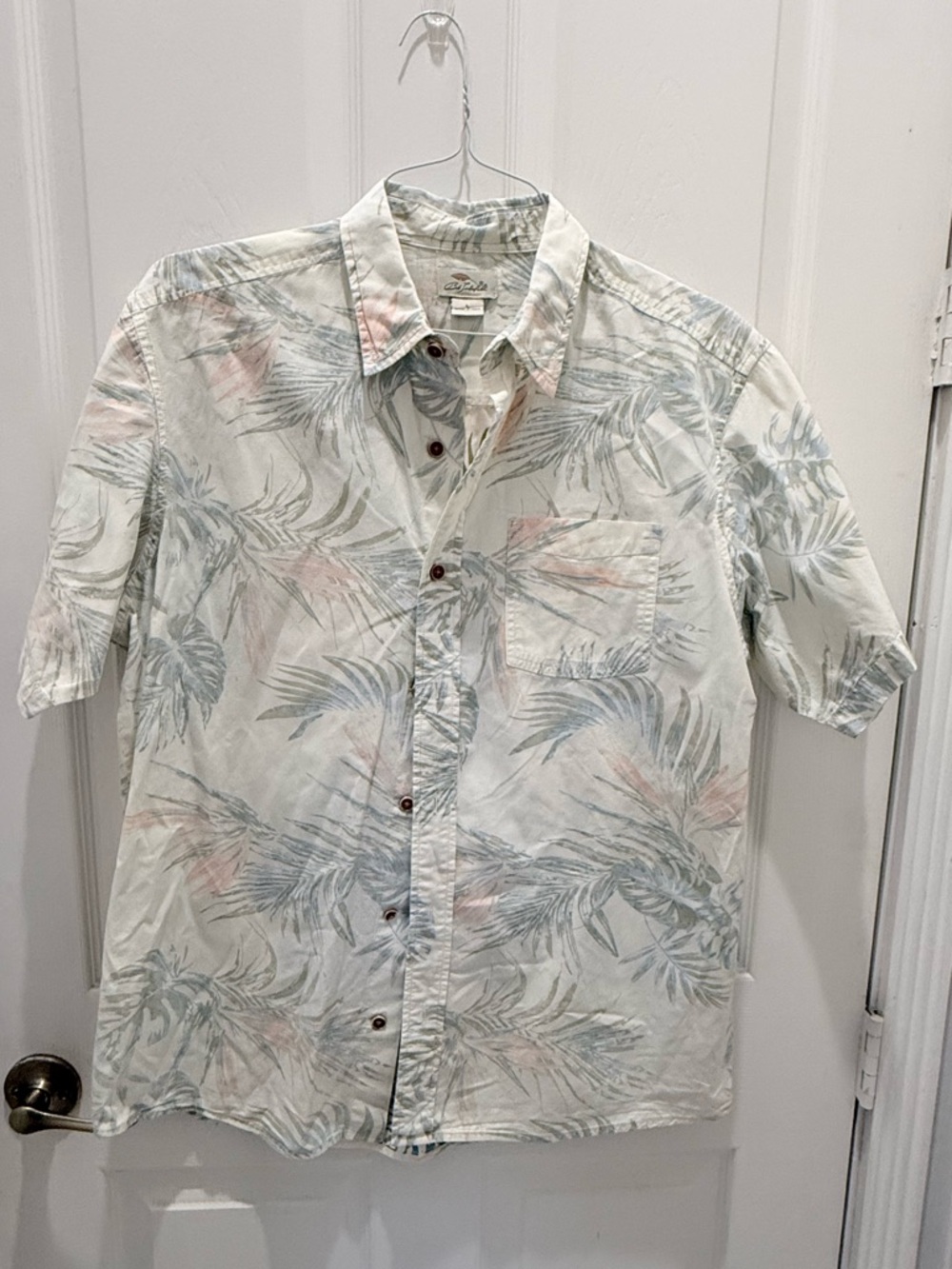 Men's Short-Sleeve-Light Cream Blue & Orange Botanical Print, Large